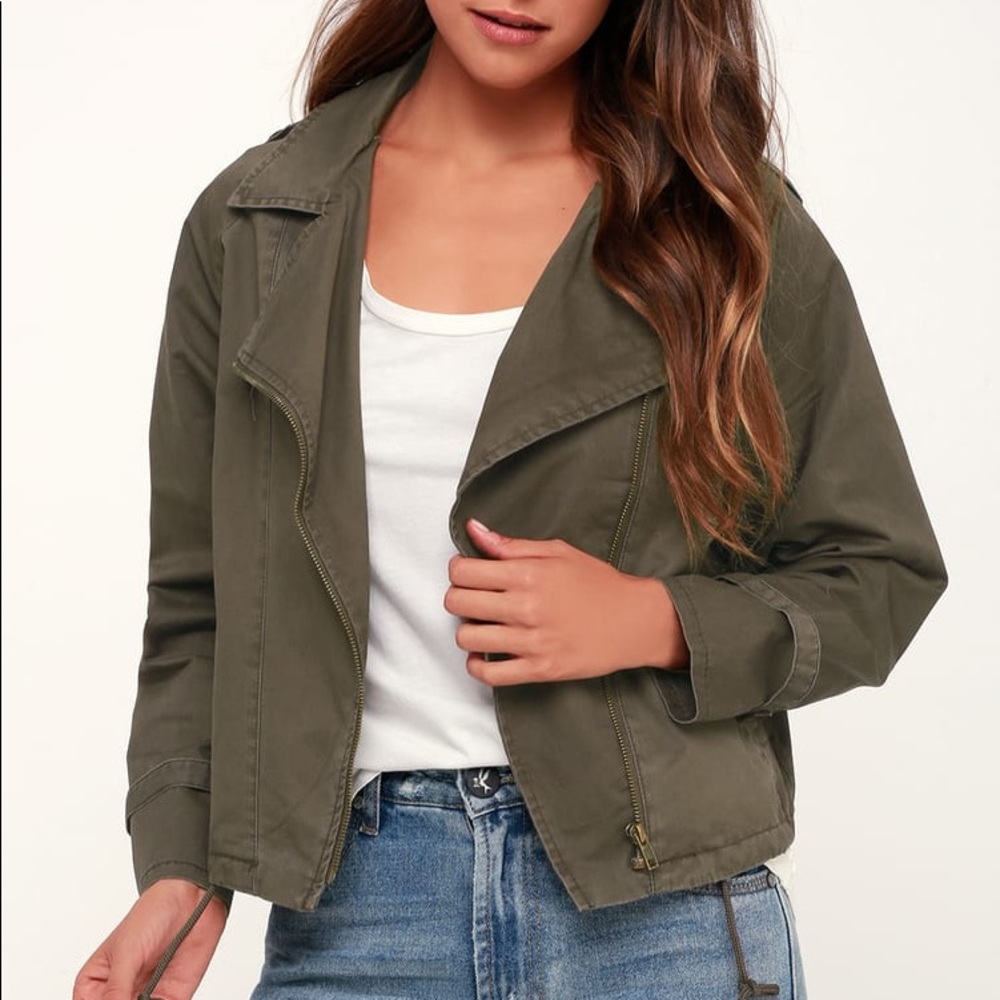 Lulu’s Olive Green Moto Jacket in Size Small